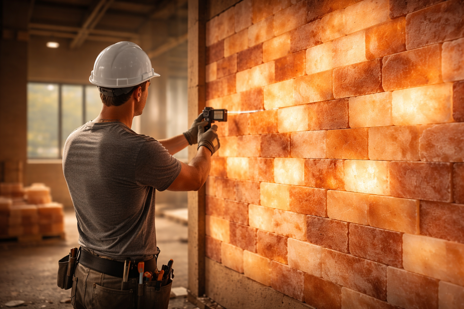 Professional installer measuring illuminated pink salt brick wall with laser tool during Salt House wall construction