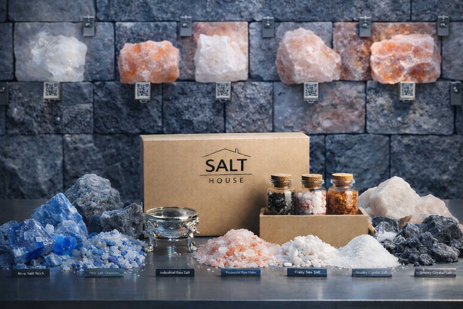 Professional installer measuring illuminated pink salt brick wall with laser tool during Salt House wall construction