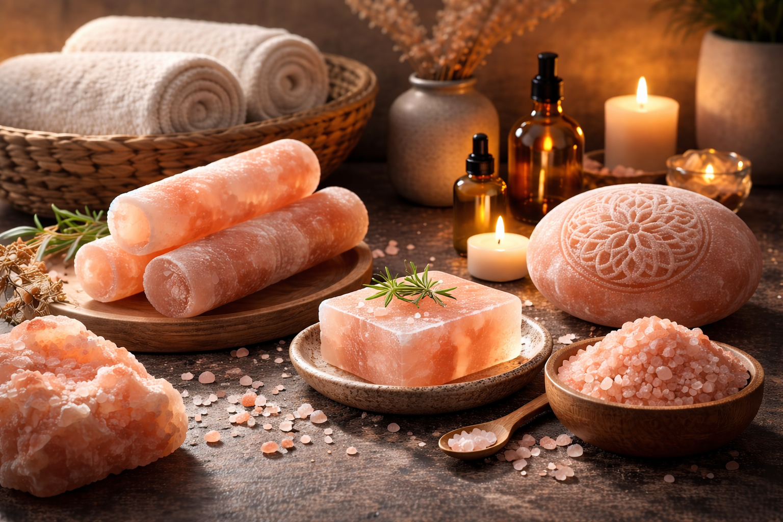 Professional installer measuring illuminated pink salt brick wall with laser tool during Salt House wall construction