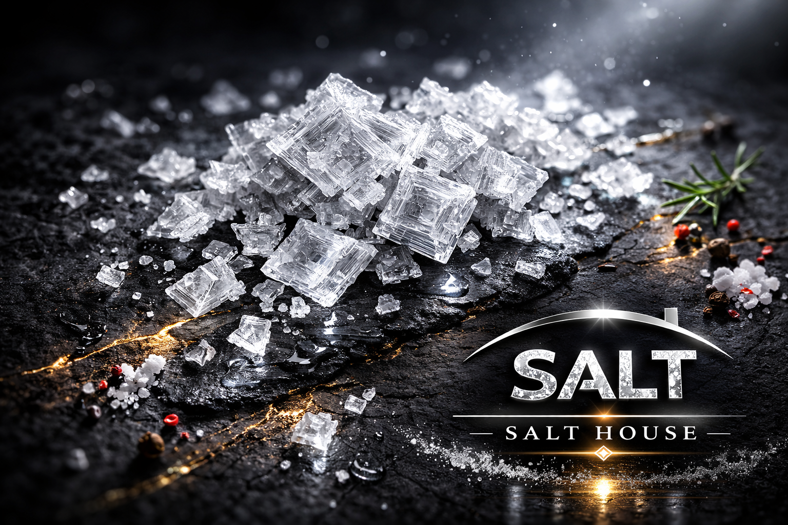 Hand-harvested pyramid flake salt crystals scattered on dark textured surface, showcasing geometric mineral structure and gourmet finishing quality.