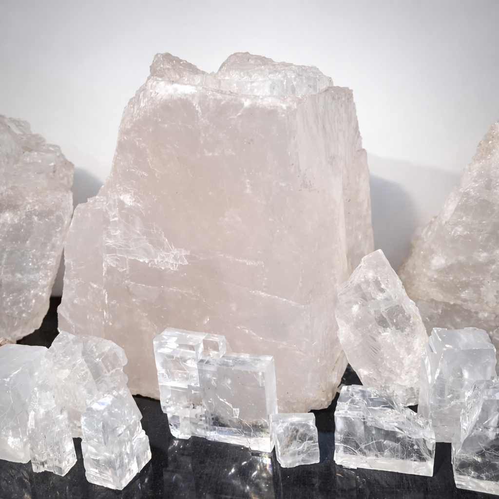 Natural crystal rock salt with transparent crystalline structure extracted from a salt mine
