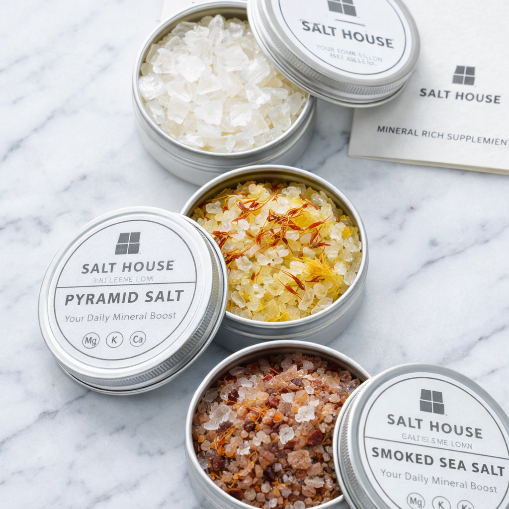 Salt House premium mineral-rich gourmet salt tins featuring pyramid salt, saffron infused flakes and smoked sea salt on marble background.
