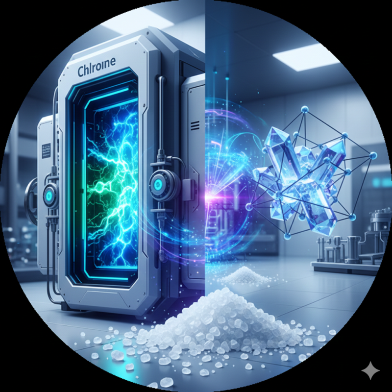 High-purity industrial salt crystals for chlor-alkali and membrane electrolysis processes, featuring microscopic crystal structure and chemical cell schematic."