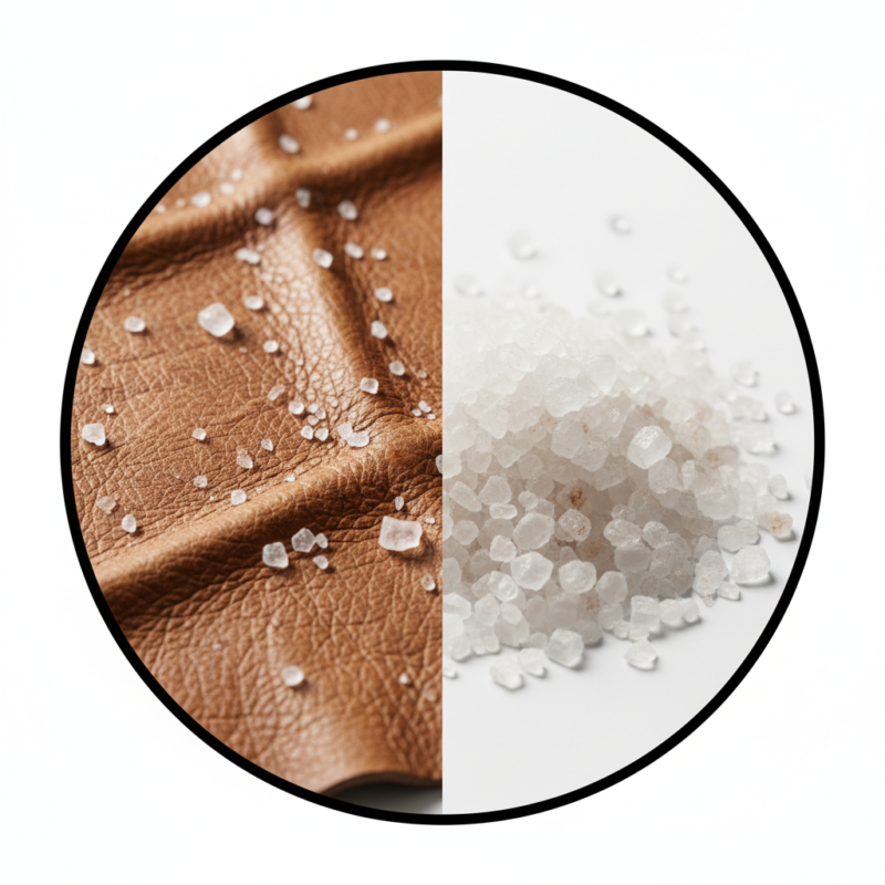 Professional circular shot showing high-quality raw leather texture and medium-grain salt crystals used for skin preservation.