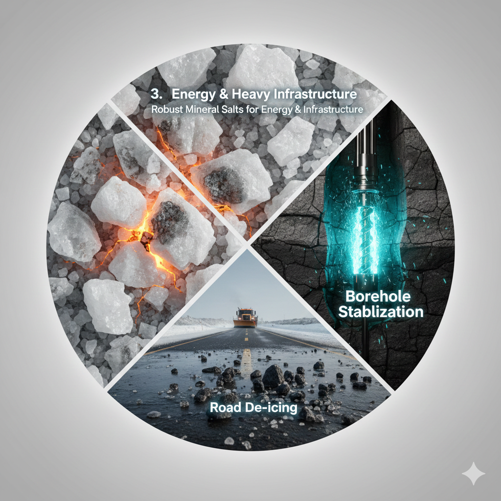 A professional circular infographic showing industrial rock salt crystals, a high-tech oil drilling borehole stabilization, and a road de-icing truck on a snowy highway.