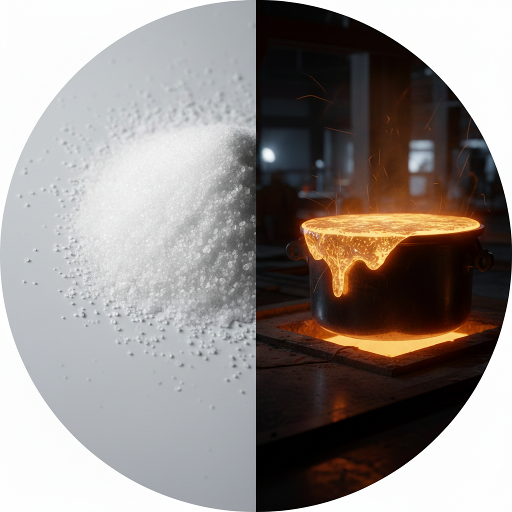 A professional circular split-view showing ultra-dry fine salt and a glowing molten aluminum furnace, representing the fluxing process in metallurgy.