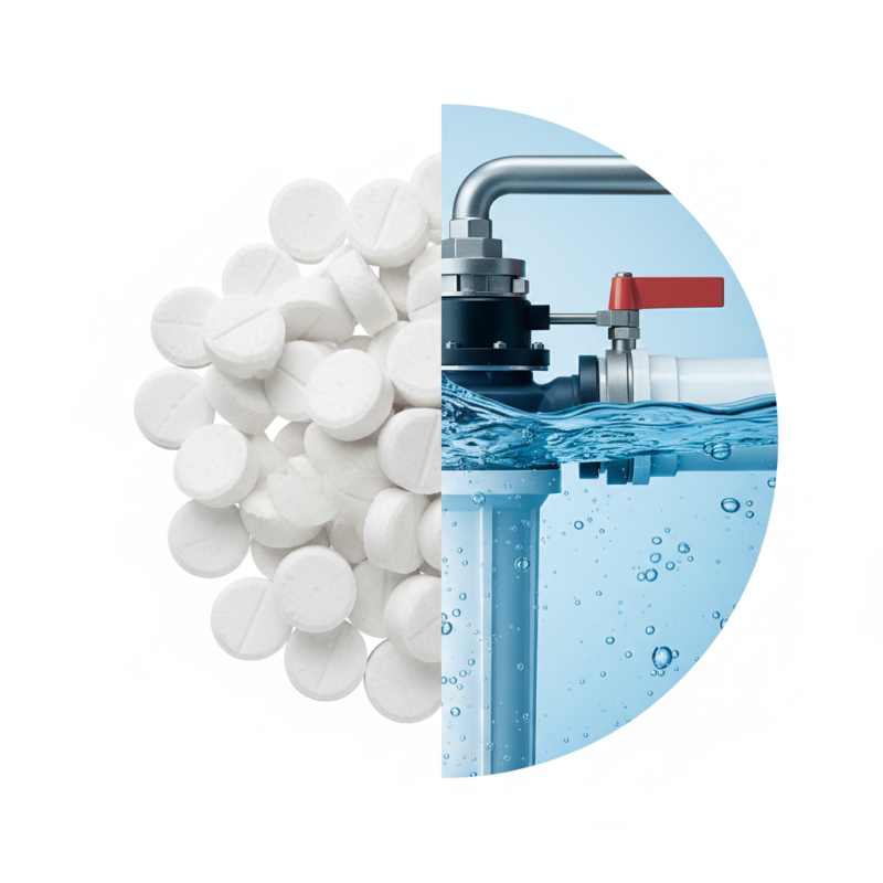 High-purity white salt tablets and industrial water filtration valve with clean water flow, illustrating resin regeneration process.