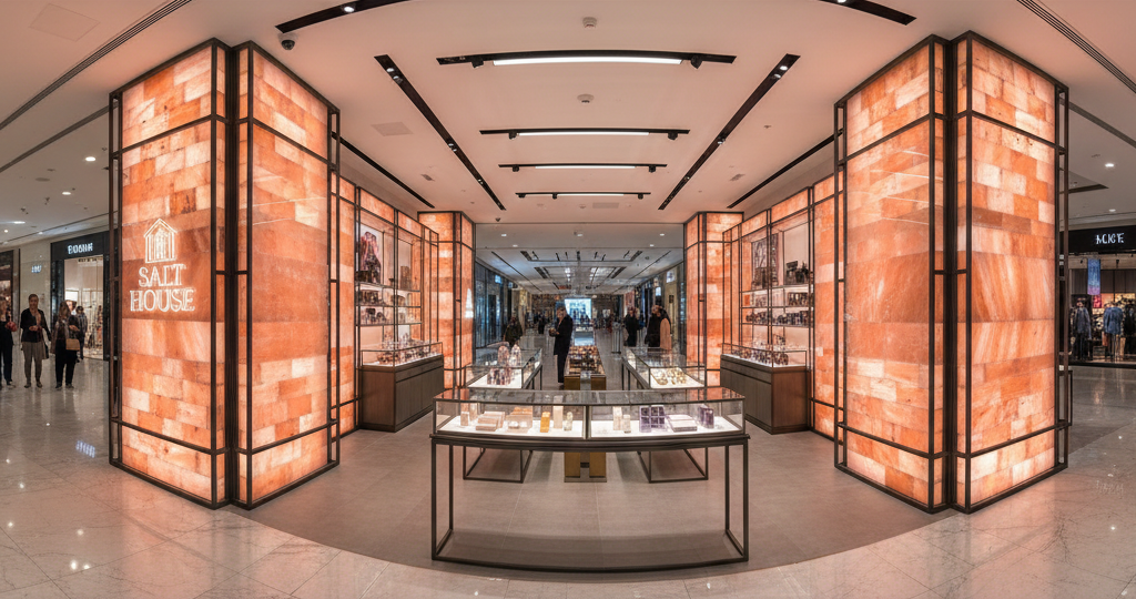 Luxury retail interior featuring massive Himalayan pink salt pillars and walls with modern glass displays in a premium shopping mall.
