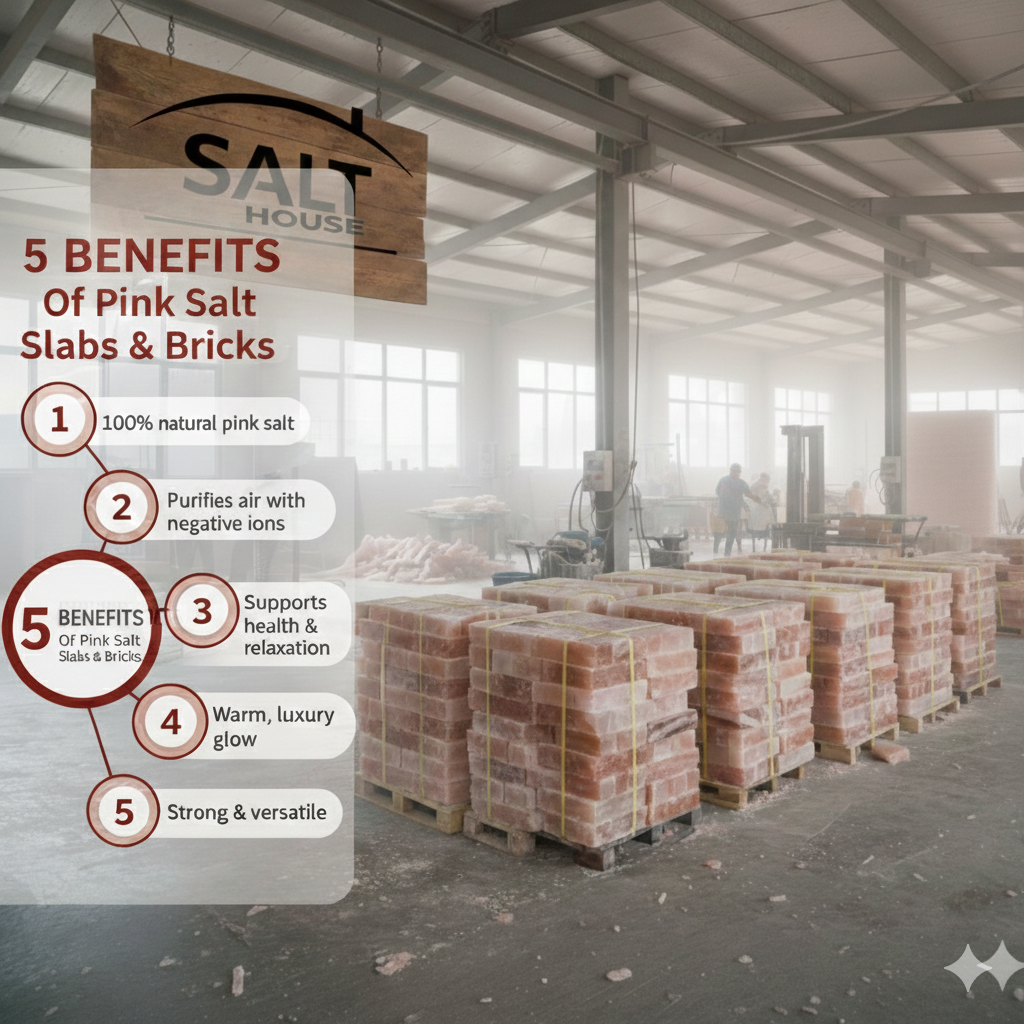 Stacks of natural pink salt slabs and bricks in Salt House workshop during cutting and packaging process