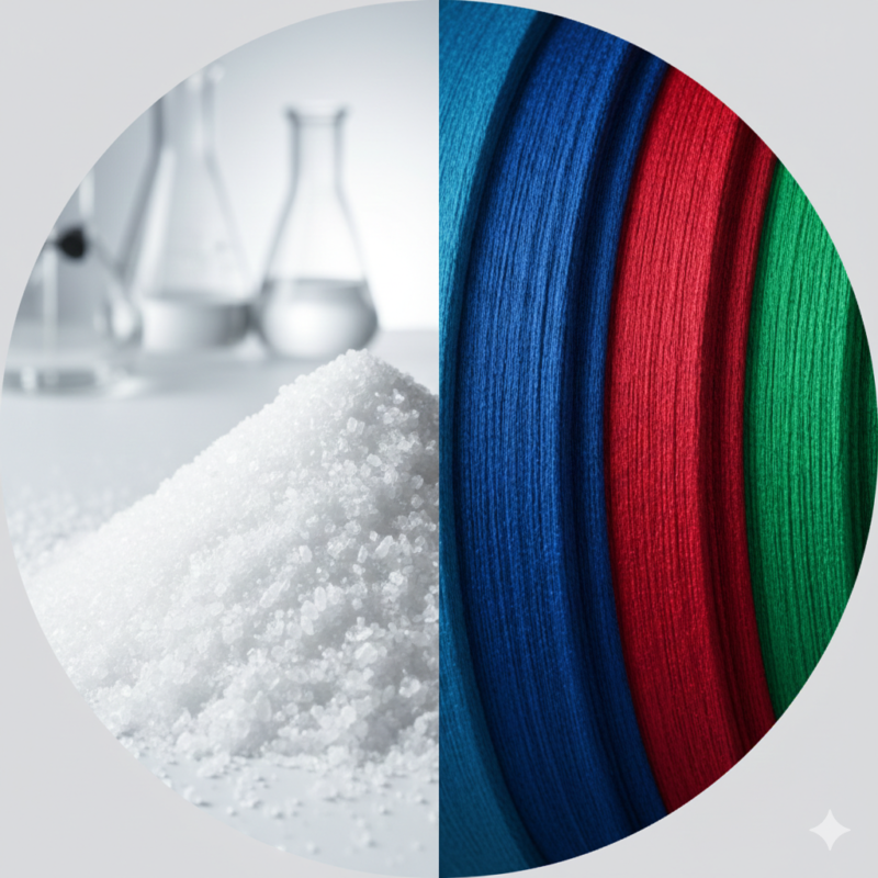 A professional circular image showing ultra-fine, white salt crystals and vibrant, perfectly dyed textile fibers with a focus on color uniformity and purity.