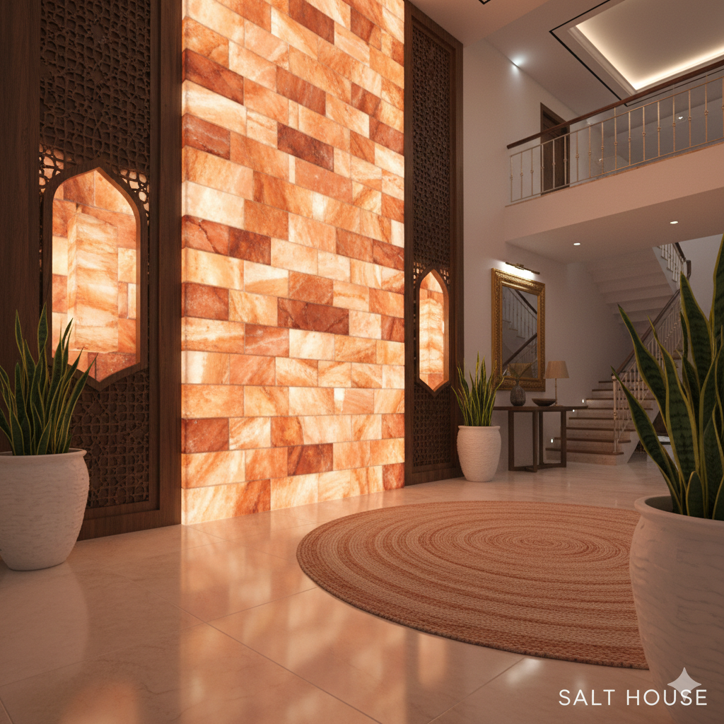 Backlit pink Himalayan salt wall integrated with intricate Islamic wood carvings in a luxury villa interior, Muscat style.