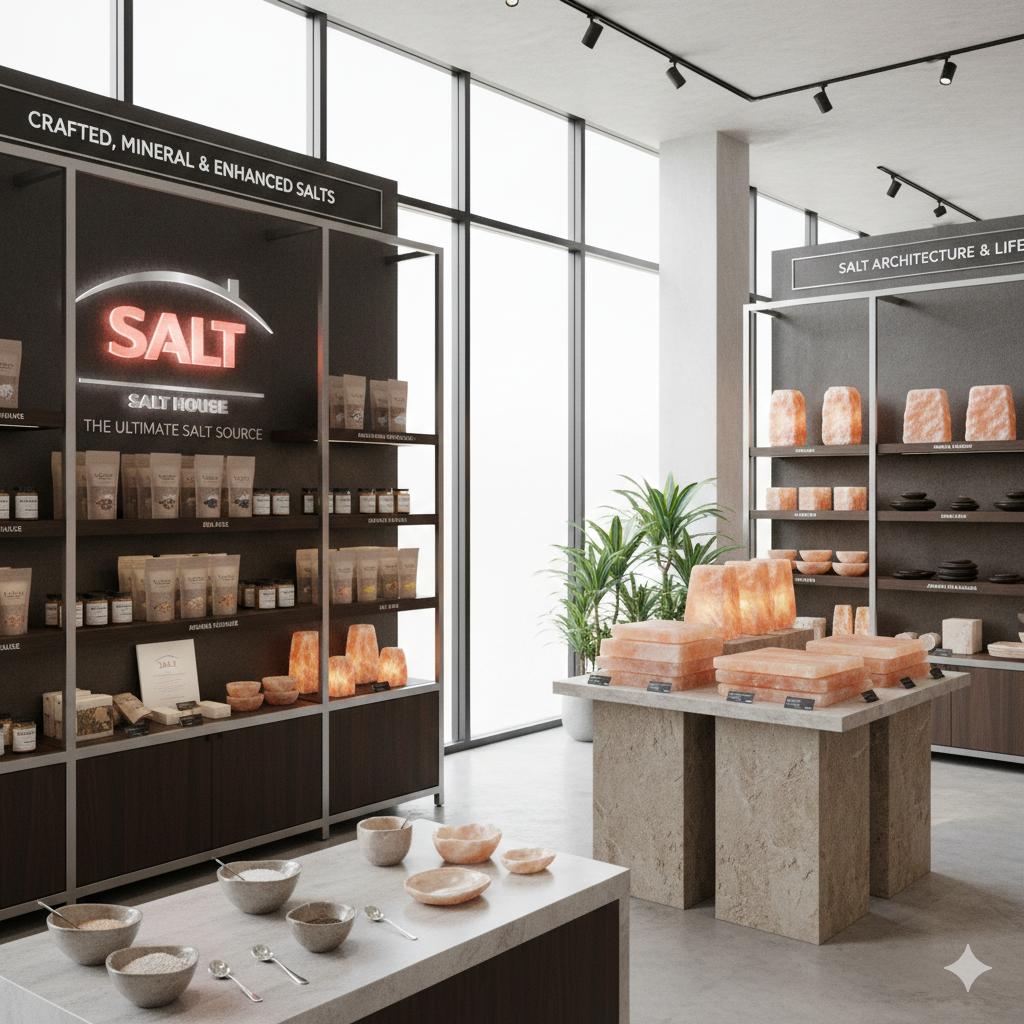 Modern salt showroom displaying crafted mineral salts, pink salt blocks, and salt-based lifestyle products in a contemporary retail space
