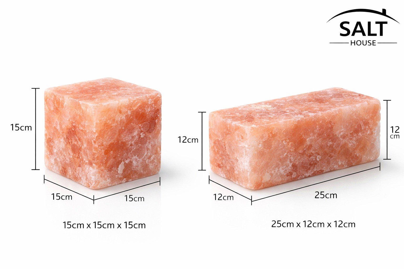 Studio product photo of two pink salt blocks showing dimensions 15x15x15 cm cube and 25x12x12 cm rectangular brick on white background